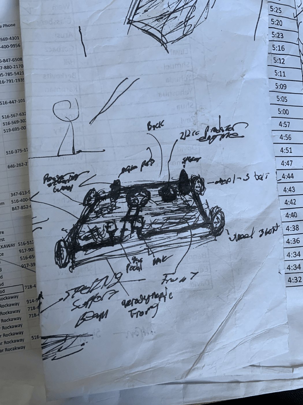 Go kart design sketch showing basic outline and structure